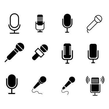 Çeşitli mikrofon simgelerinin bir ızgarada sıralanmış siyah beyaz grafiği