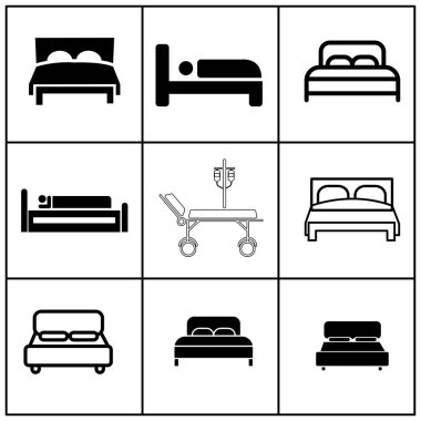 Çeşitli yatak tasarımlarının siyah ve beyaz simgeleri ızgara biçiminde düzenlenmiştir