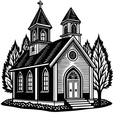 Birkaç ağaçla çevrili küçük kilisenin siyah beyaz çizimi