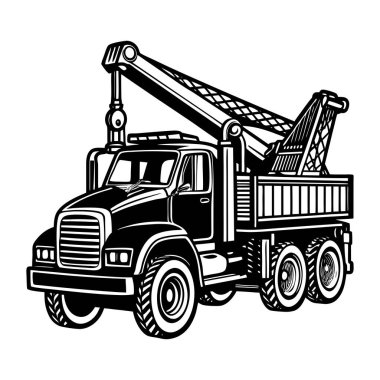 Genişletilmiş bum ve tekerlekleri olan çekicinin siyah beyaz çizimi