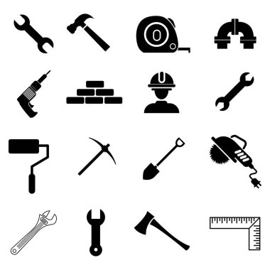 Bir ızgarada sıralanmış çeşitli inşaat araçları ve ekipmanlarının siyah ve beyaz simgeleri