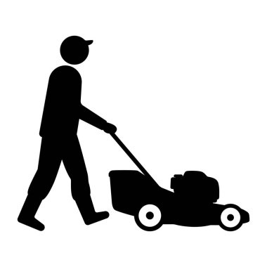 Bahçıvan çim biçme makinesi simgesi kullanıyor. vektör illüstrasyonu