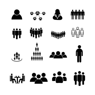 Çeşitli insan gruplarını temsil eden siyah siluet simgelerinin toplanması