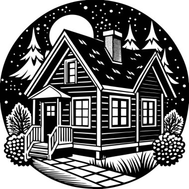 Geceleri ağaçlarla çevrili odunların siyah beyaz çizimi