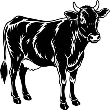 Dört ayaklı, tetikte bir ineğin siyah beyaz çizimi