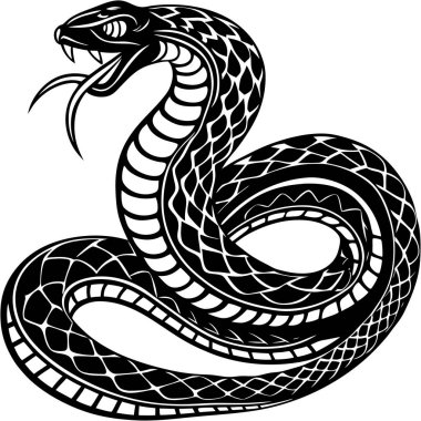 Sivri dişleri ve pulları olan sarmalanmış yılanın siyah ve beyaz çizimi