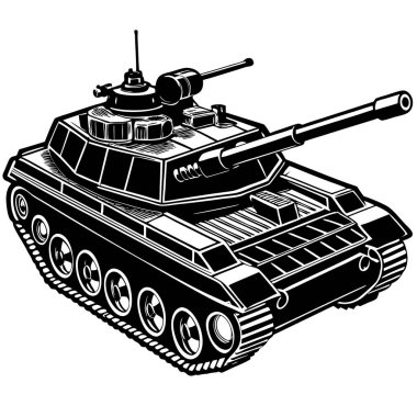 Uzun namlulu ve raylı askeri tankın siyah beyaz çizimi