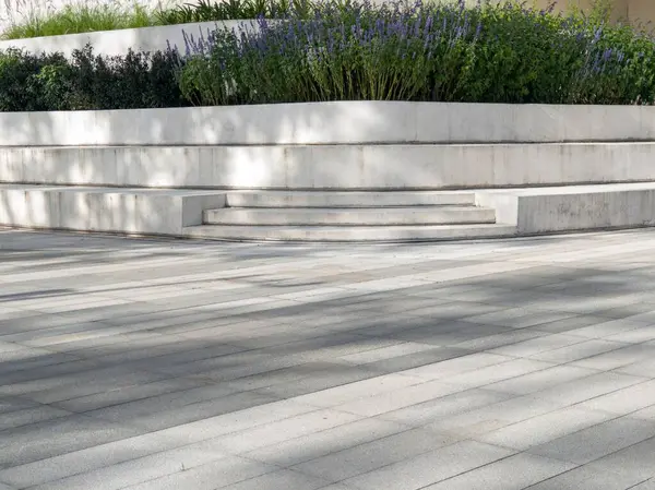 Yeşil bitkiler ve çiçeklerle çevrili somut adımlar