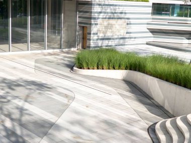 Beton basamaklar ve yeşil çimlerin yer aldığı modern mimari