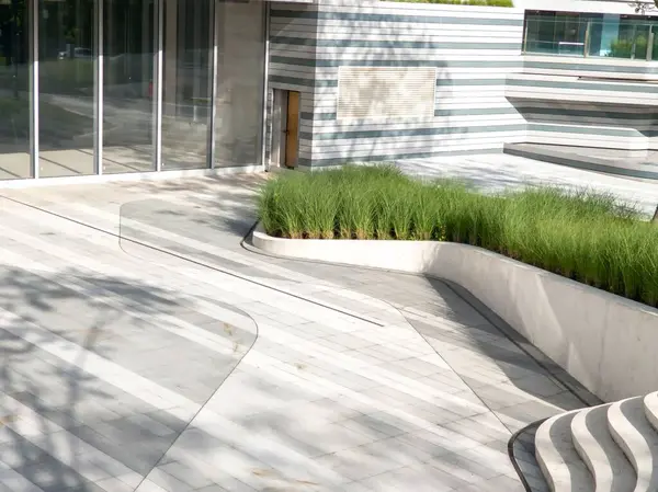 Beton basamaklar ve yeşil çimlerin yer aldığı modern mimari