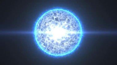 Büyülü beyaz enerji ve plazma ile yanan parlak parlak parlak bir yıldızın güzel yuvarlak küresi. Soyut arkaplan. Ekran koruyucu, yüksek kaliteli 4k video