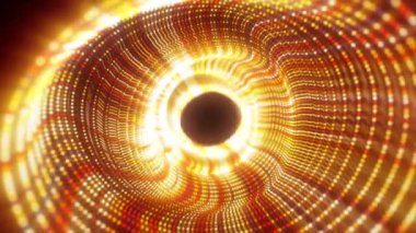 Parçacıklardan oluşan soyut sarı altın enerji tüneli ve parlak arka plan efektli yüksek teknoloji hatları, video 4k, 60 fps