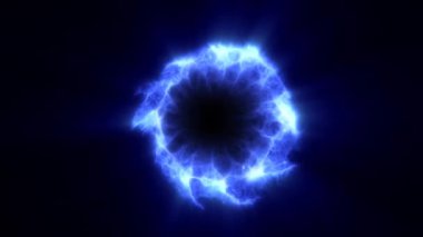 Elektrik mavi enerji küresinin dinamik patlaması, merkezi bir noktadan karanlık bir arkaplana yayılıyor, gücü ve hareket arkaplanını temsil ediyor, yüksek kalite 4k video, hareket tasarımı