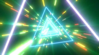 Uçan üçgenlerden oluşan soyut yeşil enerji fütüristik yüksek teknoloji tüneli ve neon sihirli arka plan, video 4k, 60 fps
