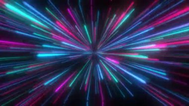 Çok renkli parlak parlak neon lazer ışınlarının soyut arkaplan çizgilerinden oluşan soyut bir tünel. Video 4k
