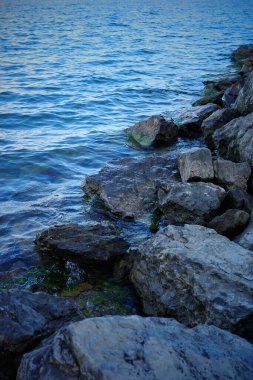 Sakin mavi suyun yanındaki kayalık kıyı şeridi güneş ışığını yansıtıyor