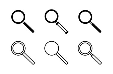 İki sıra halinde dizilmiş altı büyüteçten siyah ve beyaz simgeler