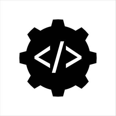 İçinde kodlama parantezleri olan siyah beyaz dişli sembolü grafiği.