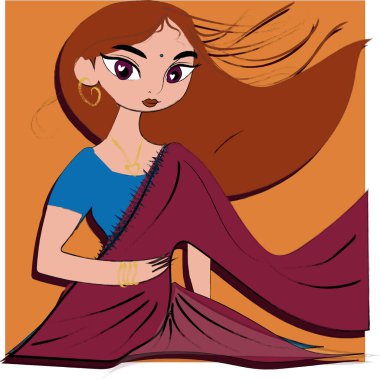 Uzun kahverengi saçlı, renkli sari giyen, zarafetle kumaş tutan genç bir kadın.