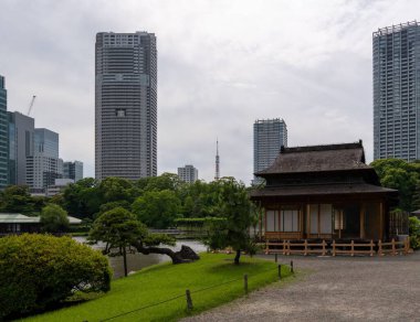 Geleneksel Japon Çay Evi ve Bahçesi Modern Gökdelenler Arkaplanda