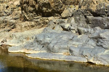 Sakin su yüzeyinin yanındaki kayalık kıyı şeridi