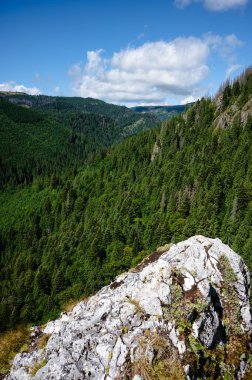 Bereketli yeşil vadiye ve uzak dağlara tepeden bakan kayalık