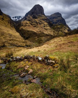 Bulutlu gökyüzünün altında çimlerin üzerinde yükselen engebeli dağların manzarası