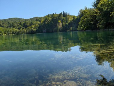 Berrak Yeşil Orman ve Açık Mavi Gök Altında Yuvarlanan Tepeler 'in Temiz Yansıması ile Bakir Göl