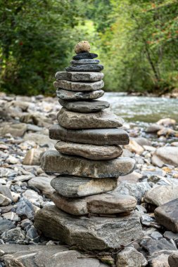 Nehir kenarında toplanmış taşlar yeşilliklerle çevrili.