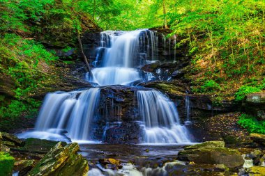 Yeşilliklerle çevrili kayaların üzerinde çağlayan şelale.