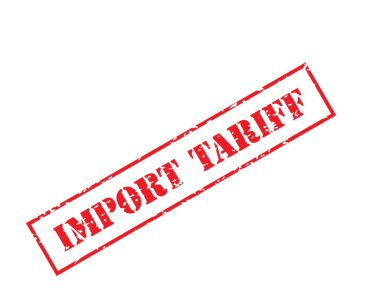 Beyaz arkaplanda 'İMPORT TARIFF' yazılı kırmızı dikdörtgen damga