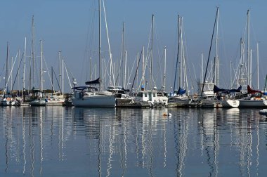 Yelkenliler ve yatlar güneşli bir günde limana yanaştılar.