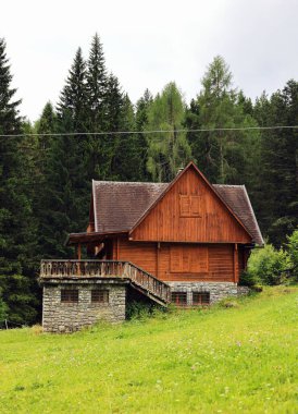 Wooden Cabin Lodge, Alpine Mountain Landscape, Rustic Stone and Wood Architecture