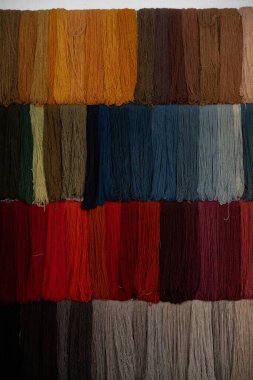 Wall Display of Hanging Hanks of Naturally Dyed Yarn or Wool in Multiple Colors