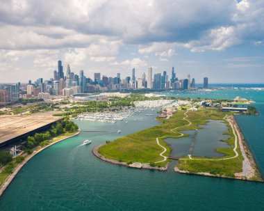 chicago downtown skyline and aerial view of chicago river, illinois, USA