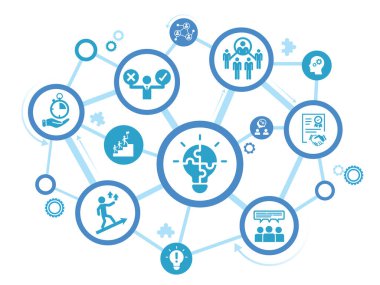 Yumuşak beceri simgesi seti. İletişim, empati, özgüven, kişilik, problem çözme, yaratıcılık, dakiklik ve iş ahlakı simgeleri içeriyor. Katı simge vektör koleksiyonu. EPS 10