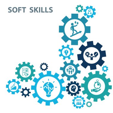 Yumuşak beceri simgesi seti. İletişim, empati, özgüven, kişilik, problem çözme, yaratıcılık, dakiklik ve iş ahlakı simgeleri içeriyor. Katı simge vektör koleksiyonu. EPS 10