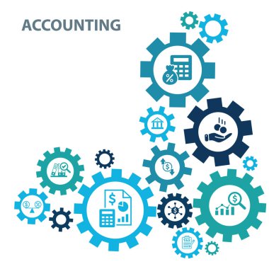 Muhasebe simgesi ayarlandı. Mali beyan, muhasebeci, mali denetim, fatura, vergi hesap makinesi, işletme firması, vergi iadesi, gelir ve bilanço simgeleri içermektedir. Solid simge koleksiyonu.