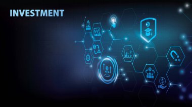 Yatırım simgesi seti. Yatırımcı, yatırım fonu, varlık, risk yönetimi, ekonomi, mali kazanç, faiz ve hisse simgeleri. 