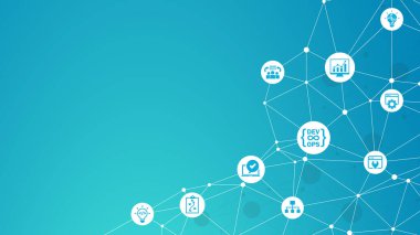 Devops. Sanal ekranda çevik gelişim ve optimizasyon kavramı. Yazılım mühendisliği. Yazılım geliştirme metodolojisi uyguluyor. Vektör illüstrasyonu.
