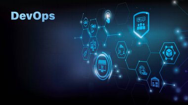 Devops. Sanal ekranda çevik gelişim ve optimizasyon kavramı. Yazılım mühendisliği. Yazılım geliştirme metodolojisi uyguluyor. Vektör illüstrasyonu.