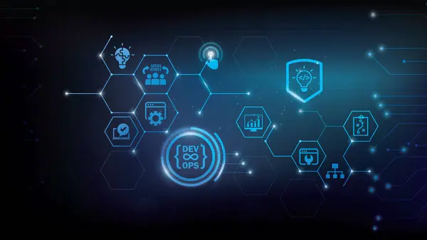 Devops. Sanal ekranda çevik gelişim ve optimizasyon kavramı. Yazılım mühendisliği. Yazılım geliştirme metodolojisi uyguluyor. Vektör illüstrasyonu.