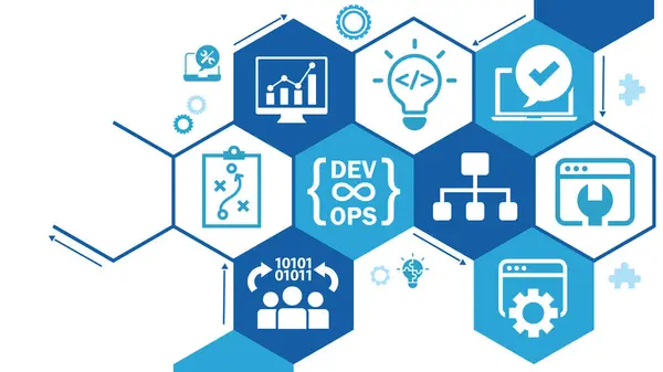 Devops. Sanal ekranda çevik gelişim ve optimizasyon kavramı. Yazılım mühendisliği. Yazılım geliştirme metodolojisi uyguluyor. Vektör illüstrasyonu.