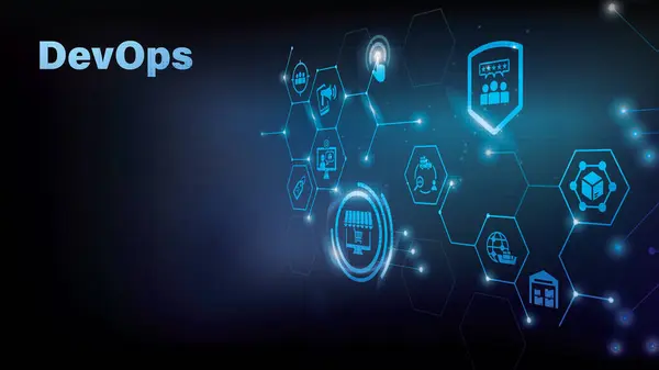 Devops. Sanal ekranda çevik gelişim ve optimizasyon kavramı. Yazılım mühendisliği. Yazılım geliştirme metodolojisi uyguluyor. Vektör illüstrasyonu.
