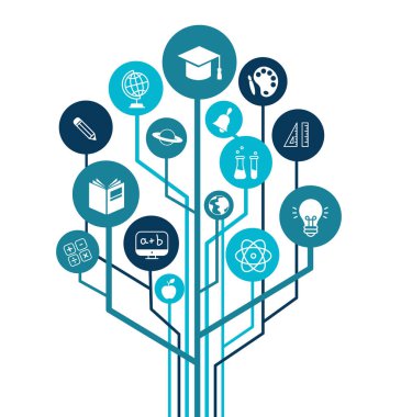 Eğitim ikonu kavramı: okul, üniversite, birbirine bağlı semboller eğitimi - vektör illüstrasyonu