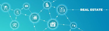 Real estate vector illustration. Concept with connected icons related to property sales and listings, realtor agency and contractor, residential property, investment, housing project
