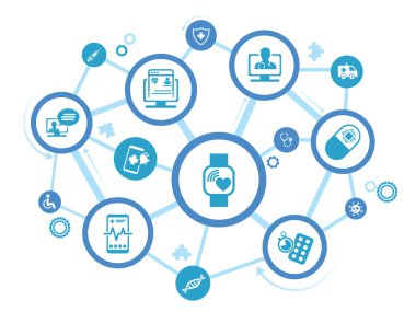 Dijital sağlık hizmetleri, akıllı sağlık araçları ve tıp vektörü illüstrasyonunda iot teknolojisi. Tıbbi büyük veriler ve bulut uygulamaları etrafında kavram, 