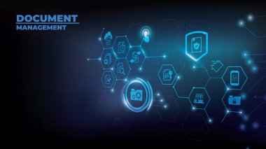 Belge yönetimi vektör illüstrasyonu. Dijital dosya depolama sistemi ve yazılımıyla ilgisi olmayan mavi konsept, şirket kayıtları, veritabanı teknolojisi.