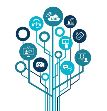 Canlı yayın arkaplanı, çevrimiçi video akışı simgesi, dünya dijital internet TV pankartı tasarımı