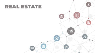 Real estate vector illustration. Concept with connected icons related to property sales and listings, realtor agency and contractor, residential property, investment, housing project